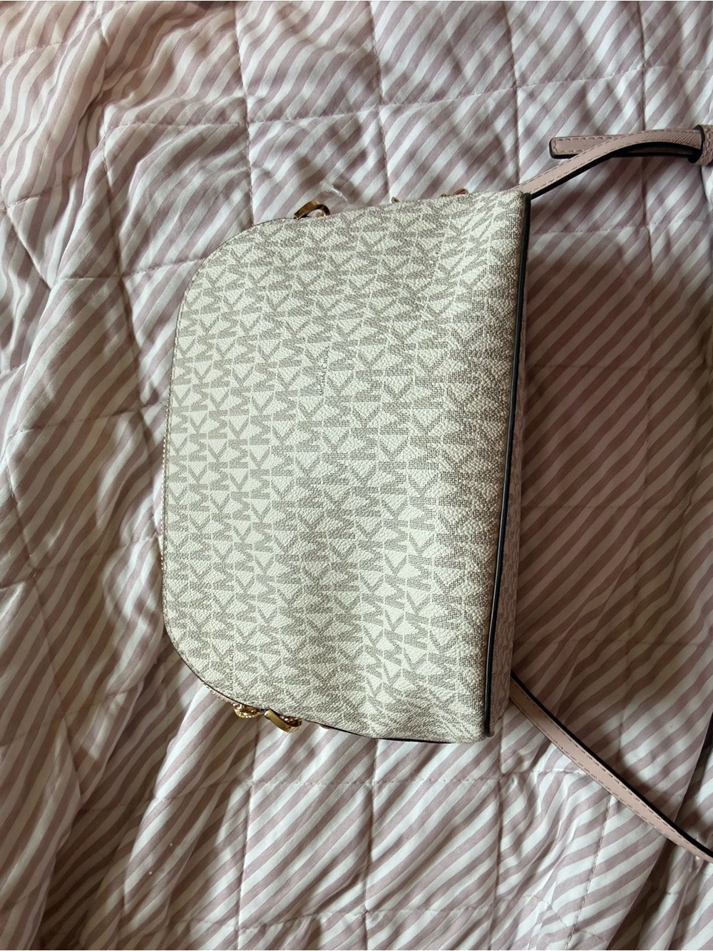 Michael Kors Cream W/ Pink Accents MK Logo Crossbody Bag with Gold Hardware